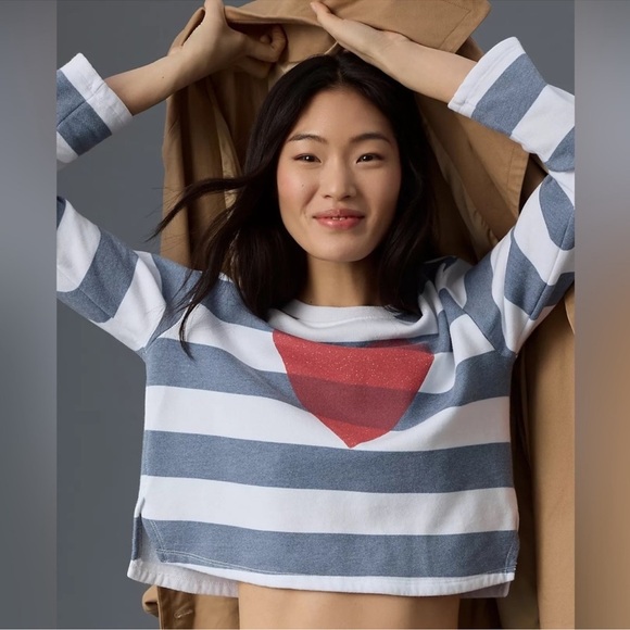 Sundry by Anthropology Cropped Crewneck Heart Striped Sweatshirt - Picture 2 of 10